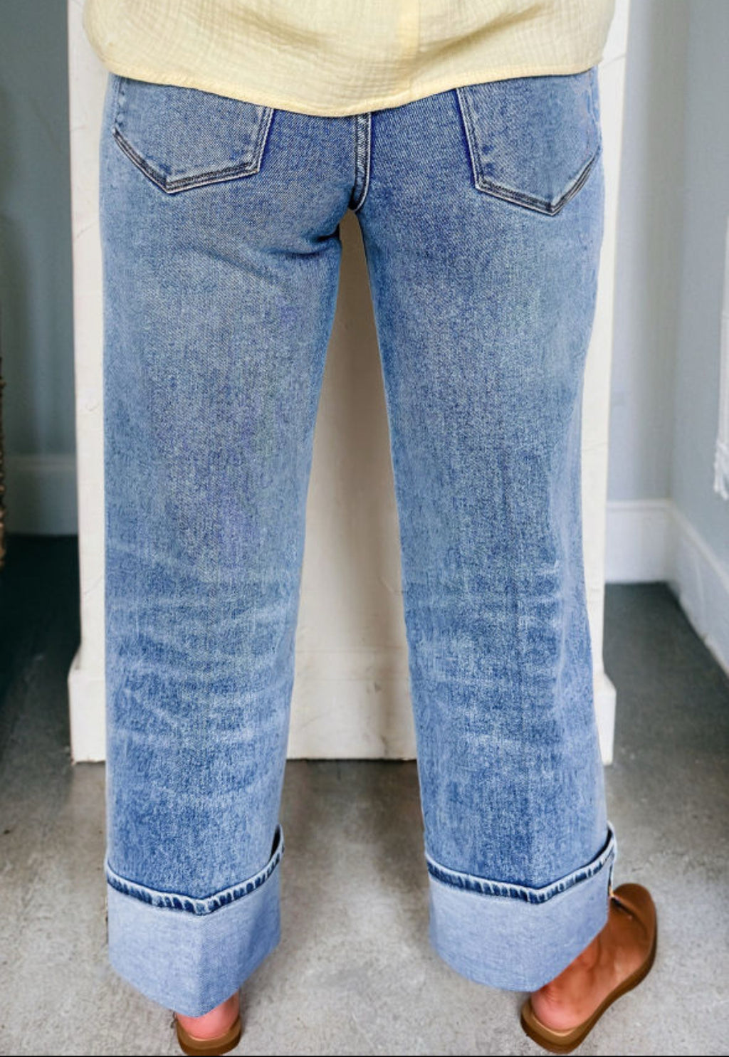 Center seam cuffed wide leg jeans