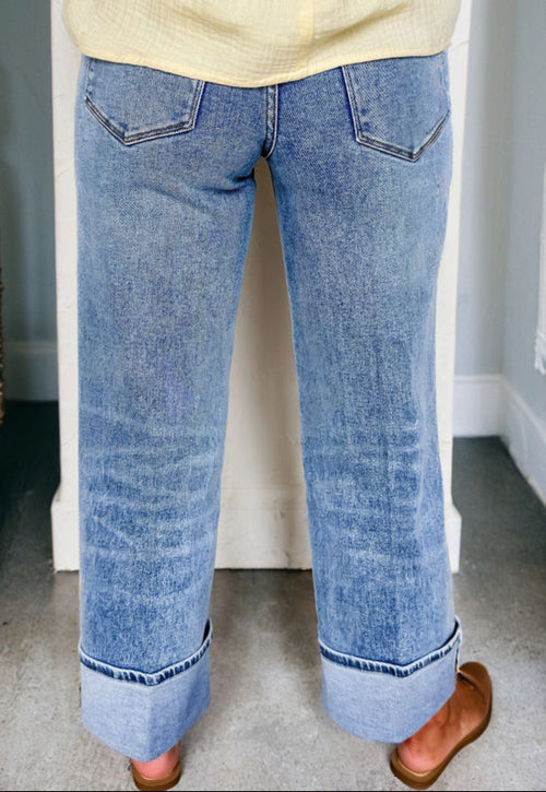 Center seam cuffed wide leg jeans