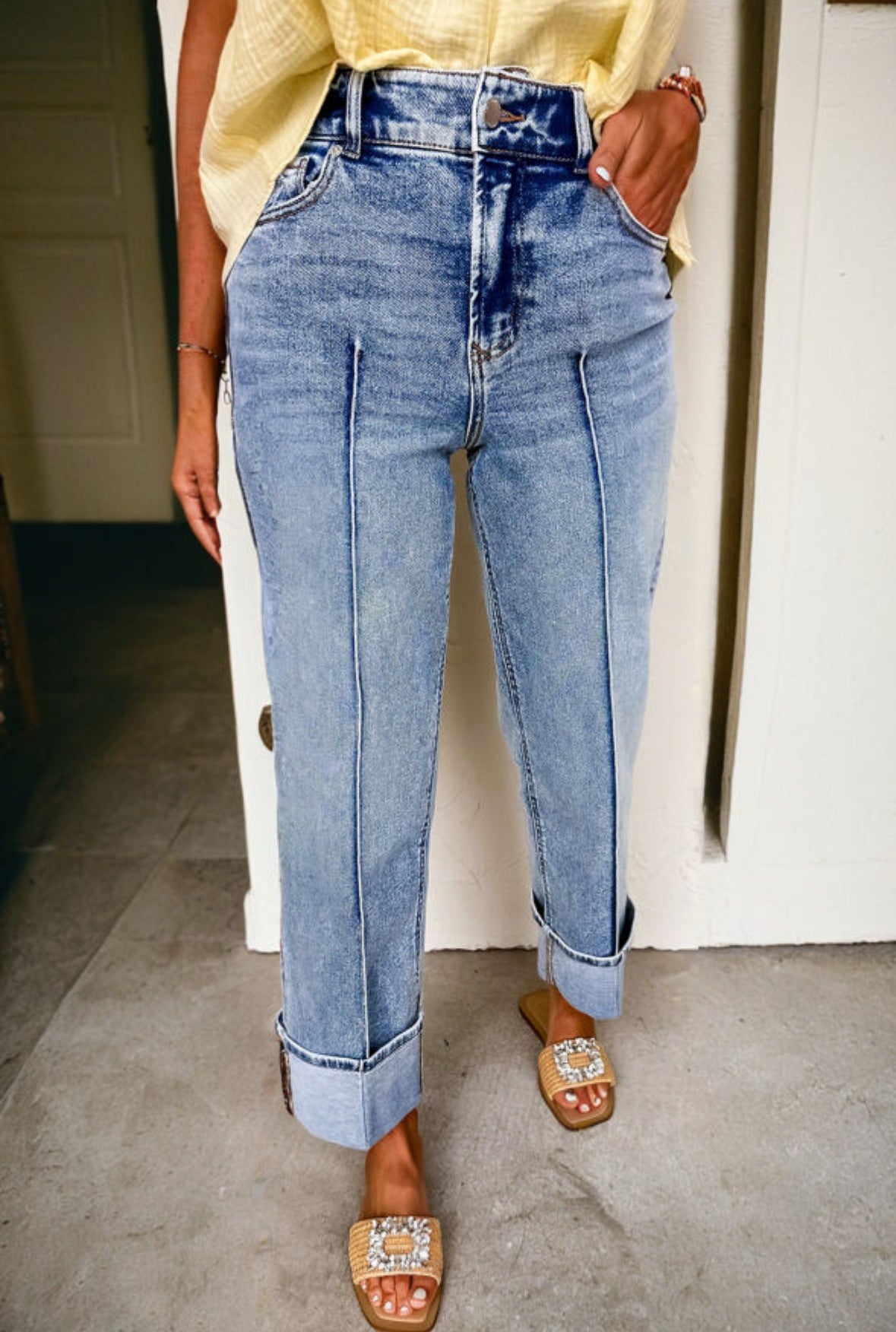 Center seam cuffed wide leg jeans