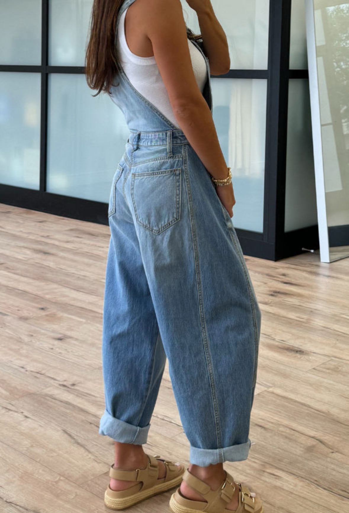 Denim barrel jean overalls