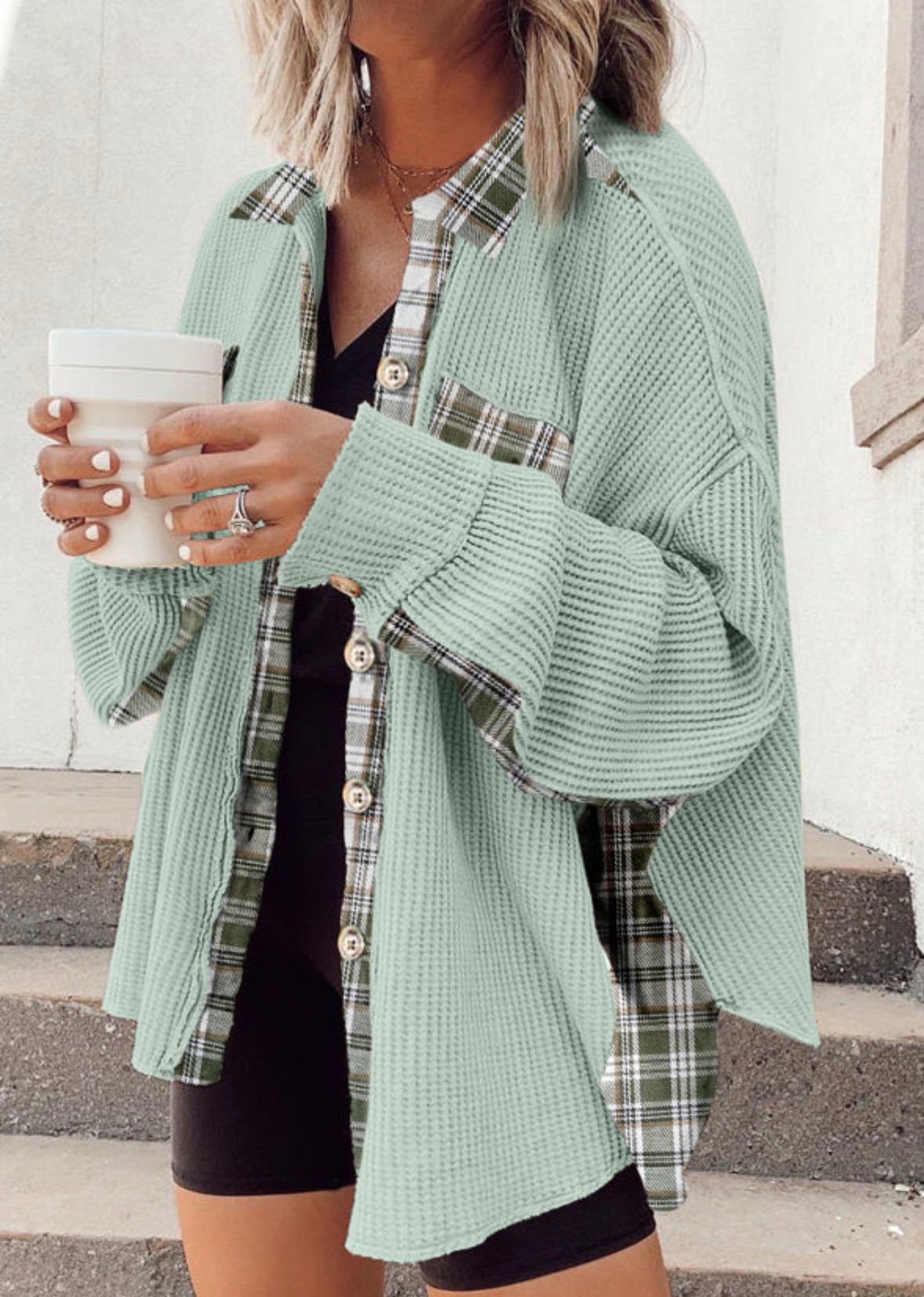 Oversized plaid patchwork knit Shacket