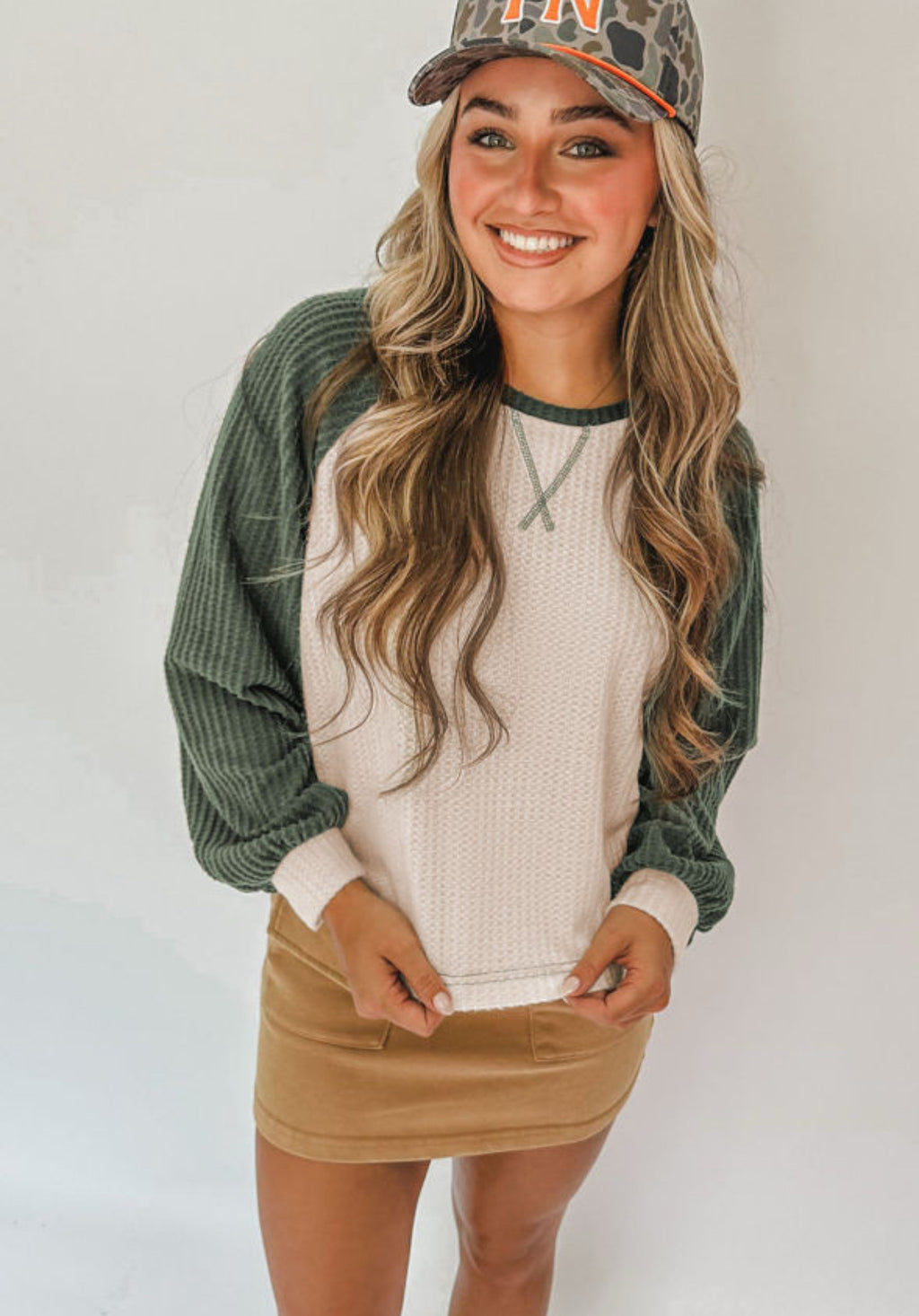 Waffle knit raglan top