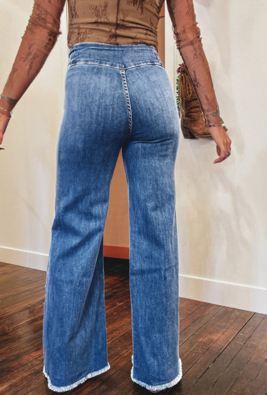 High waisted raw hem flare jeans