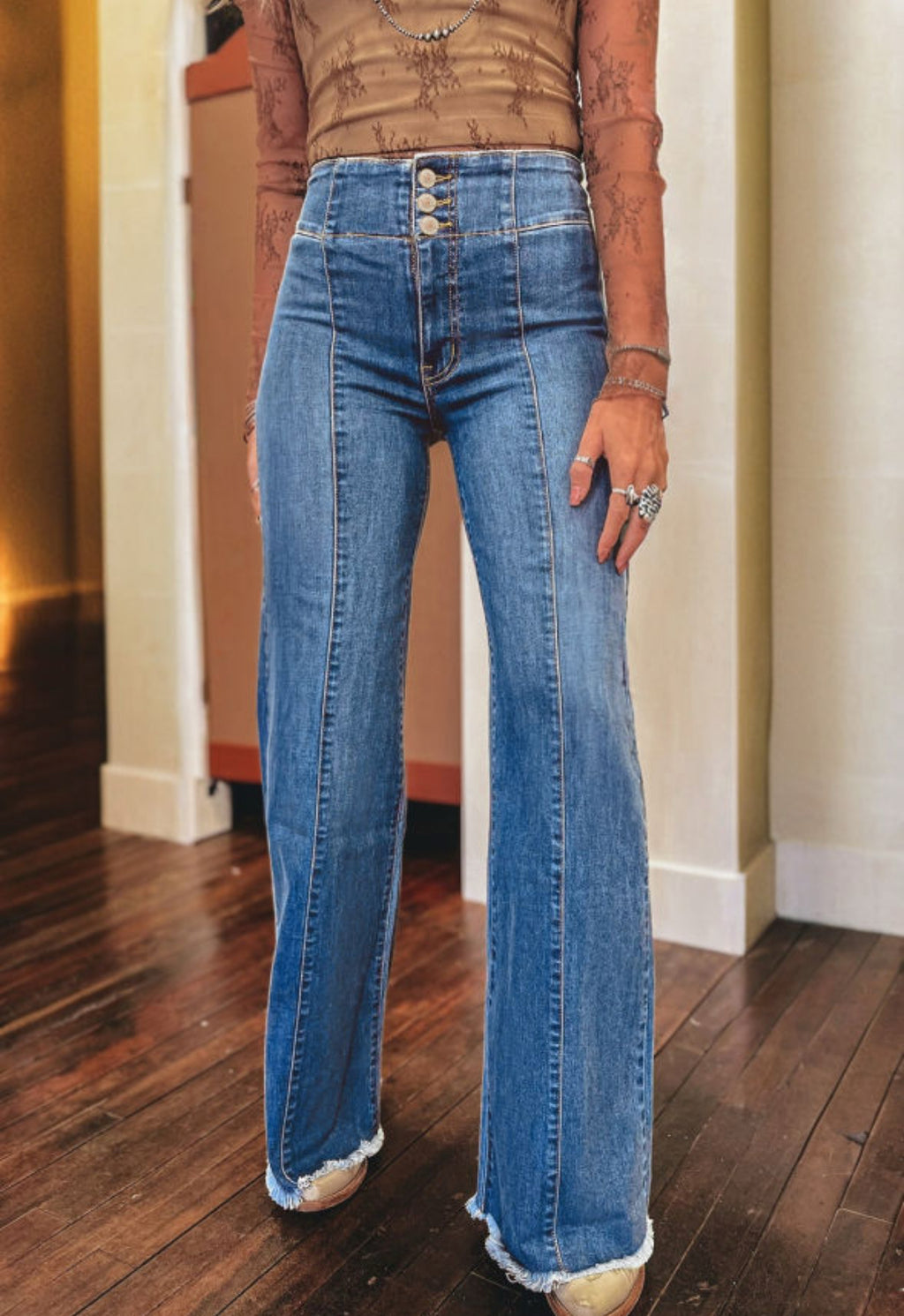 High waisted raw hem flare jeans