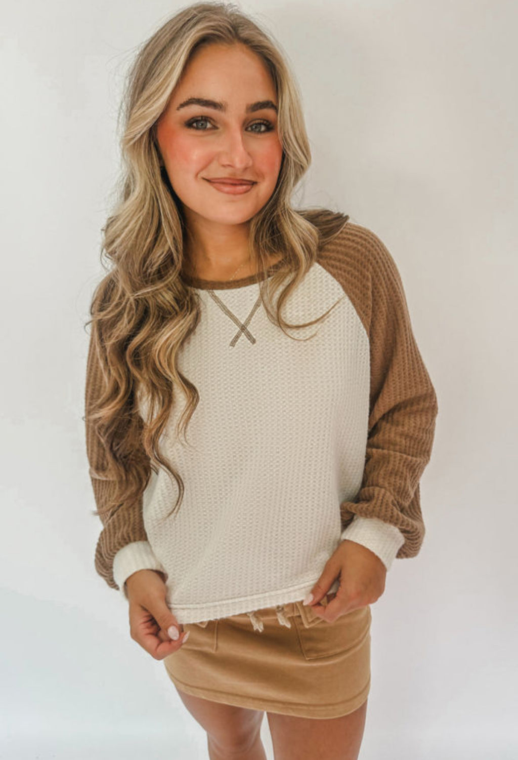 Waffle knit raglan top