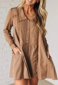 Tan lace trim long sleeve mini dress