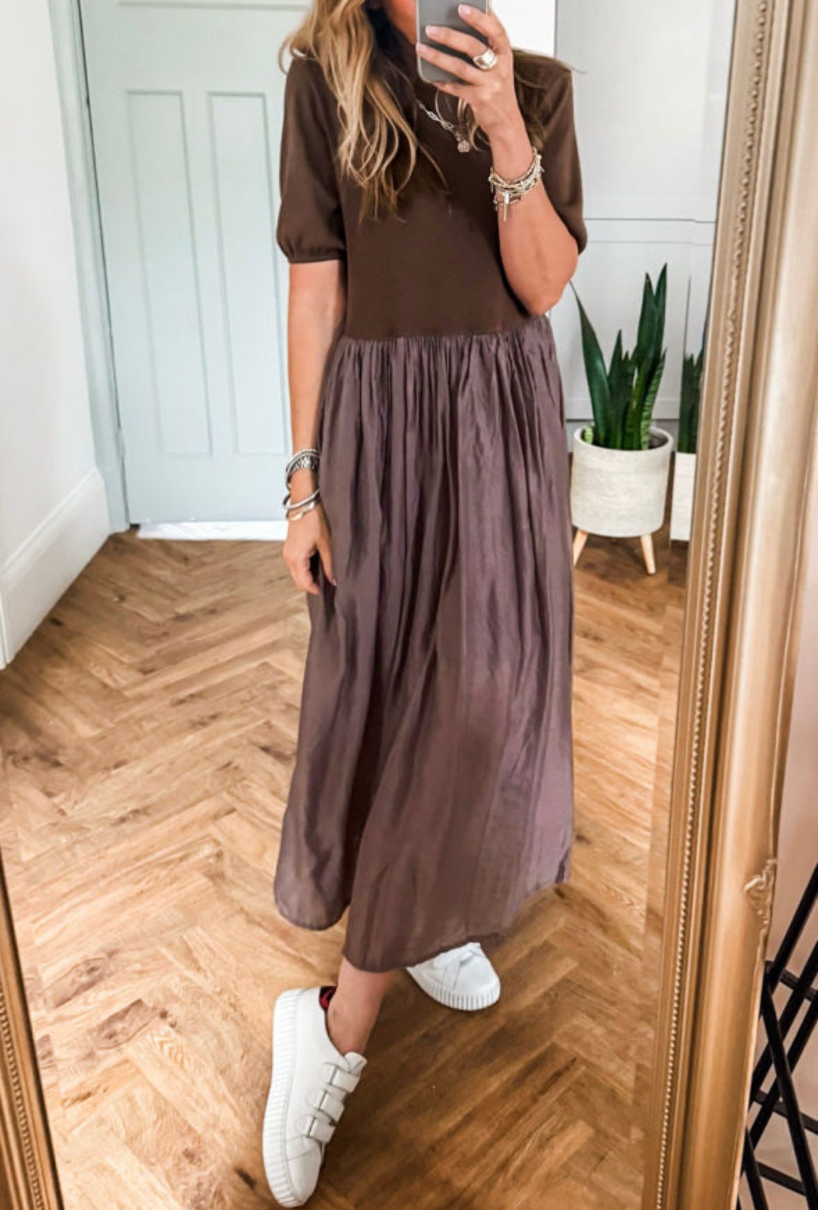 Coffee knit top patchwork pleated dress