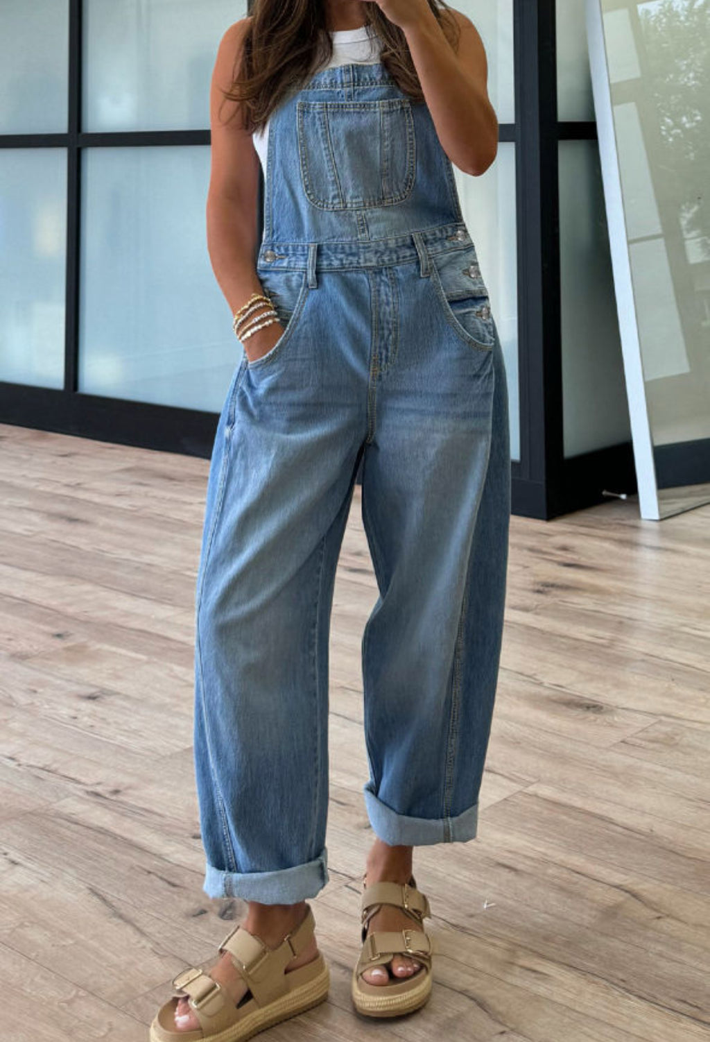 Denim barrel jean overalls